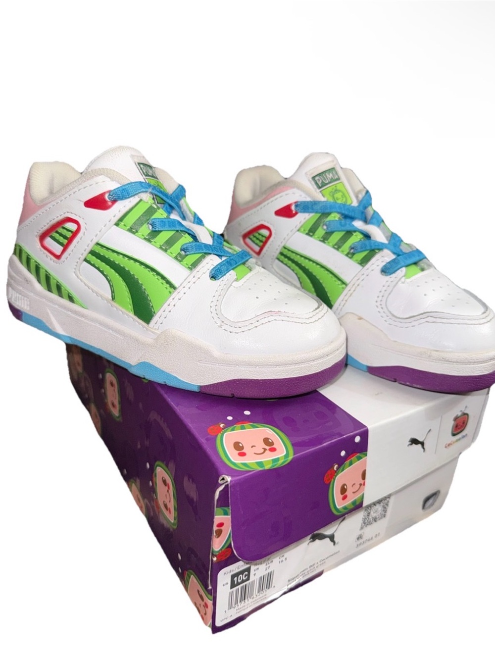 Puma Kids Cocomelon White & Green Low-Top Sneakers with Blue Accents